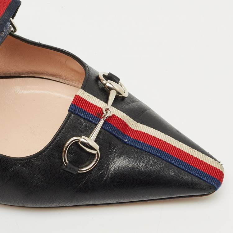 Pre Owned Gucci Black/Red Leather Emma Web Strap Horsebit Mules Size 40.5
