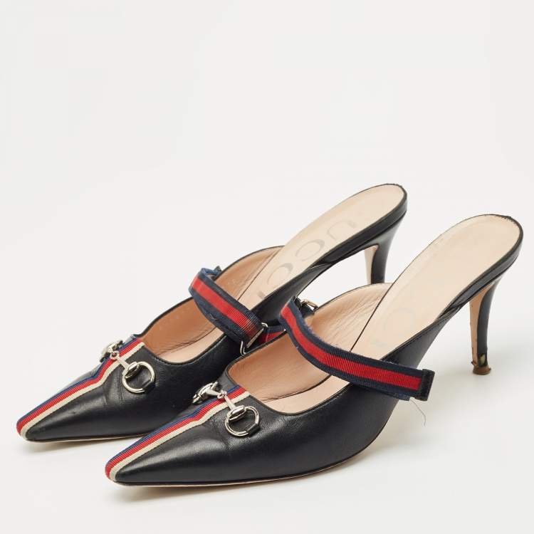 Pre Owned Gucci Black/Red Leather Emma Web Strap Horsebit Mules Size 40.5