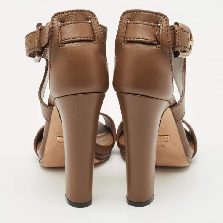 Pre Owned Gucci Brown Leather Bamboo Buckle Ankle Strap Sandals Size 40