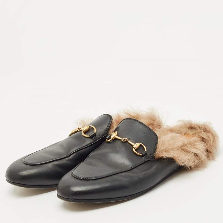 Pre Owned Gucci Black Leather And Fur Princetown Mule Sandals Size 37.5