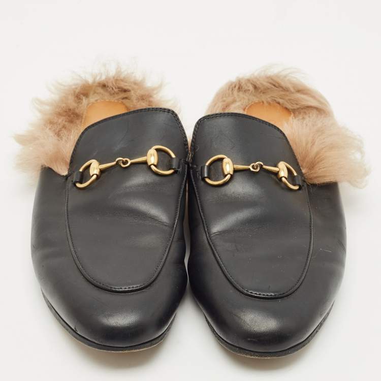 Pre Owned Gucci Black Leather And Fur Princetown Mule Sandals Size 37.5