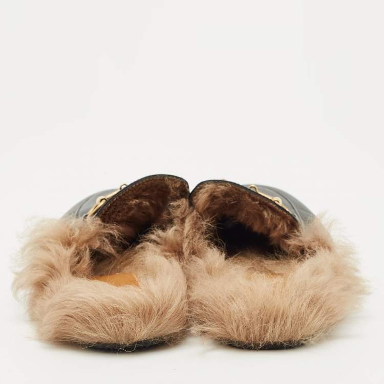 Pre Owned Gucci Black Leather And Fur Princetown Mule Sandals Size 37.5