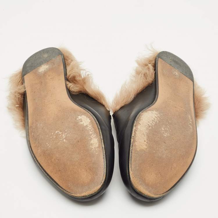 Pre Owned Gucci Black Leather And Fur Princetown Mule Sandals Size 37.5