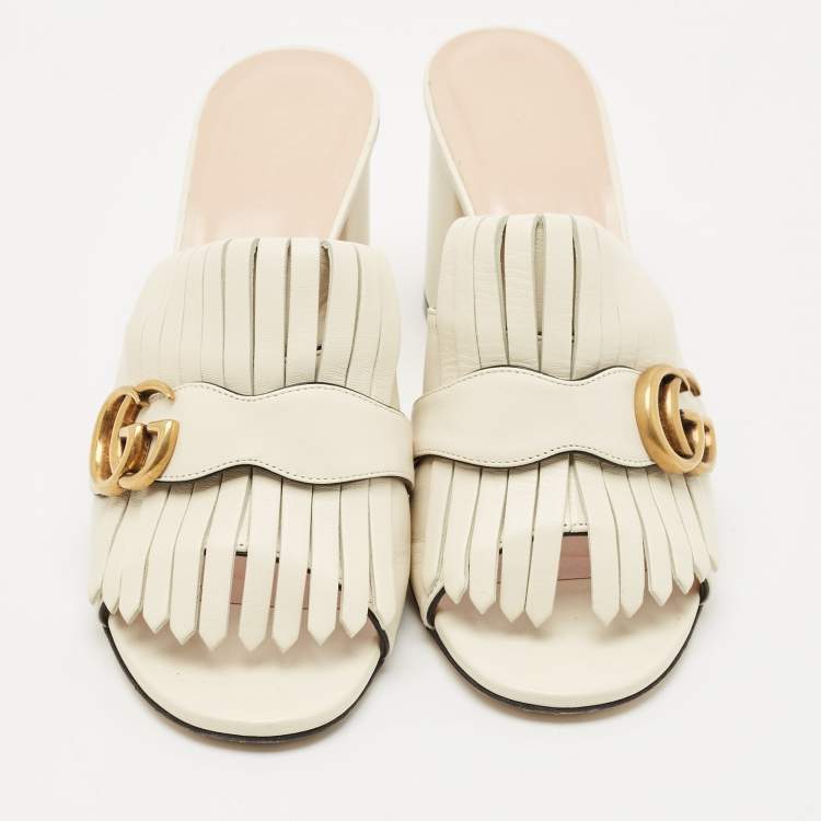 Pre Owned Gucci Cream Leather GG Marmont Fringe Block Heel Slide Sandals Size 39