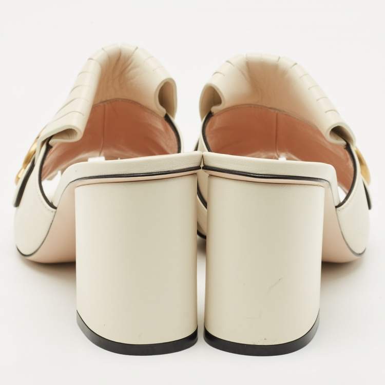 Pre Owned Gucci Cream Leather GG Marmont Fringe Block Heel Slide Sandals Size 39