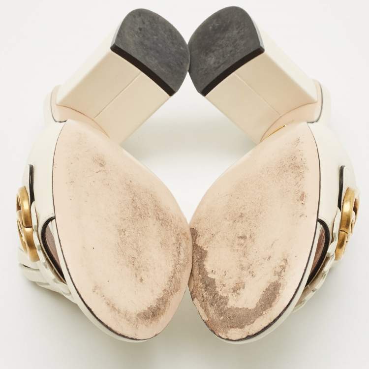 Pre Owned Gucci Cream Leather GG Marmont Fringe Block Heel Slide Sandals Size 39