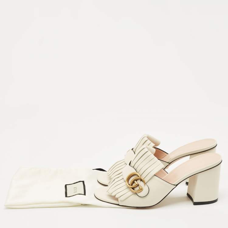 Pre Owned Gucci Cream Leather GG Marmont Fringe Block Heel Slide Sandals Size 39