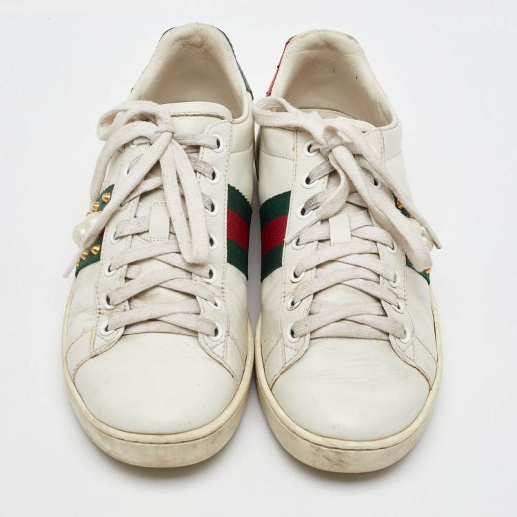 Pre Owned Gucci White Leather Pearl Embellished Ace Low Top Sneakers Size 37