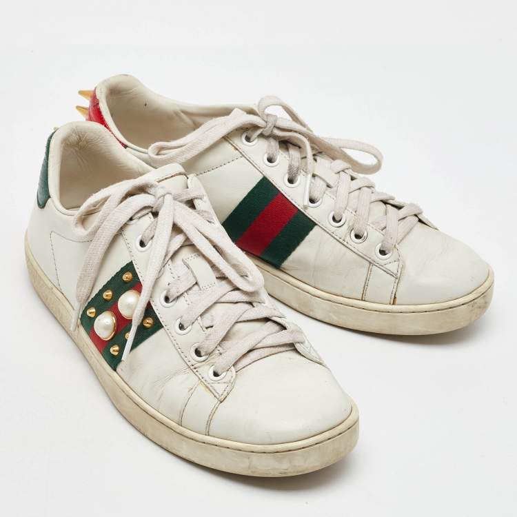 Pre Owned Gucci White Leather Pearl Embellished Ace Low Top Sneakers Size 37