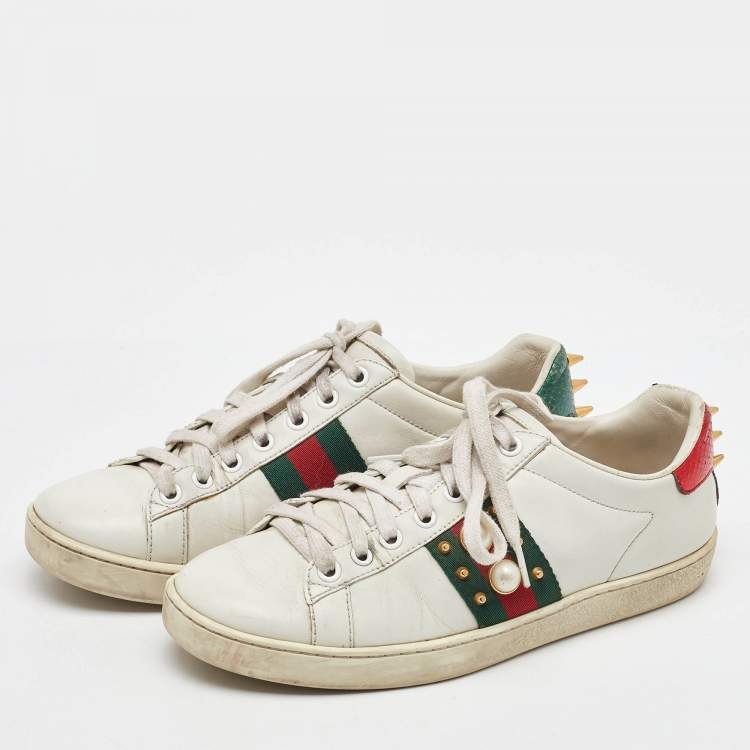 Pre Owned Gucci White Leather Pearl Embellished Ace Low Top Sneakers Size 37
