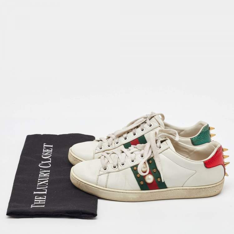 Pre Owned Gucci White Leather Pearl Embellished Ace Low Top Sneakers Size 37