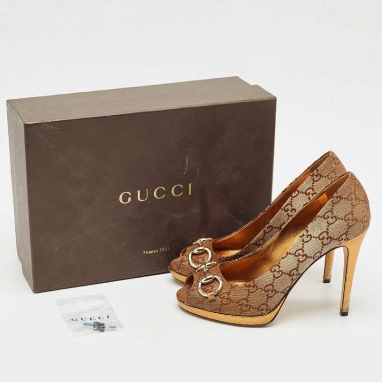 Pre Owned Gucci Bronze GG Fabric Horsebit Peep Toe Platform Pumps Size 37.5
