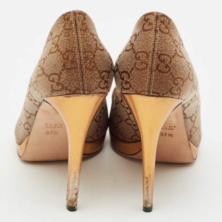 Pre Owned Gucci Bronze GG Fabric Horsebit Peep Toe Platform Pumps Size 37.5