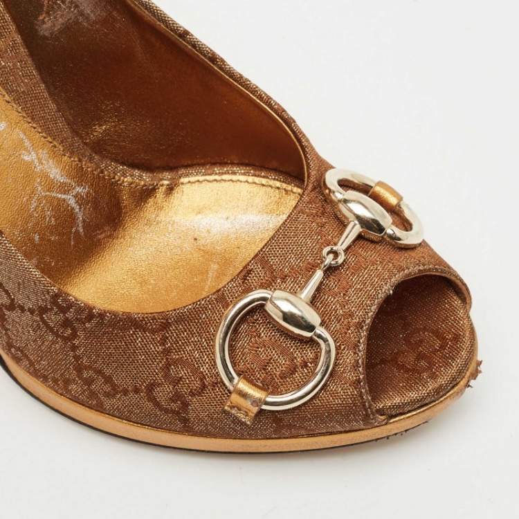 Pre Owned Gucci Bronze GG Fabric Horsebit Peep Toe Platform Pumps Size 37.5
