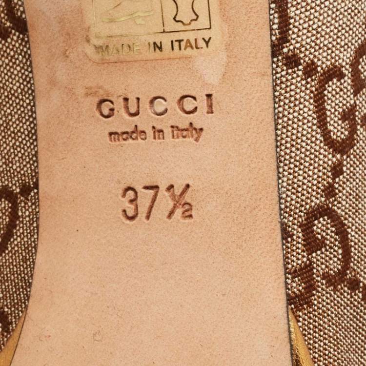 Pre Owned Gucci Bronze GG Fabric Horsebit Peep Toe Platform Pumps Size 37.5