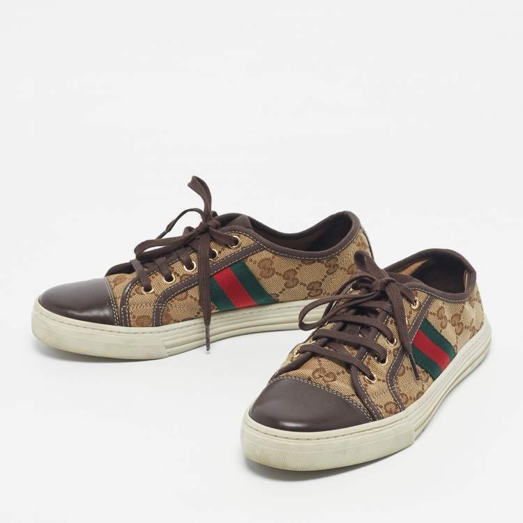Pre Owned Gucci Beige/Brown GG Supreme Canvas Ace Web Low Top Sneakers Size 37