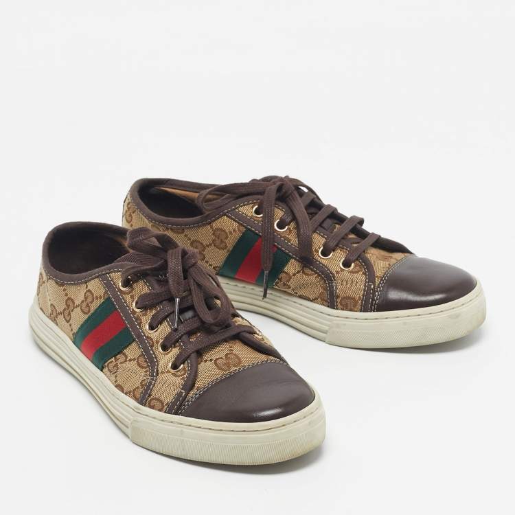 Pre Owned Gucci Beige/Brown GG Supreme Canvas Ace Web Low Top Sneakers Size 37