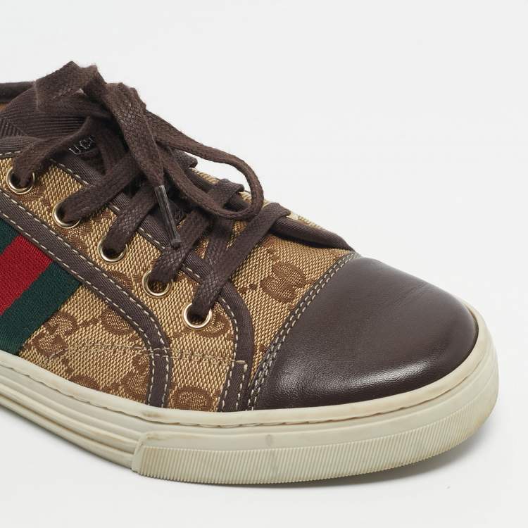 Pre Owned Gucci Beige/Brown GG Supreme Canvas Ace Web Low Top Sneakers Size 37