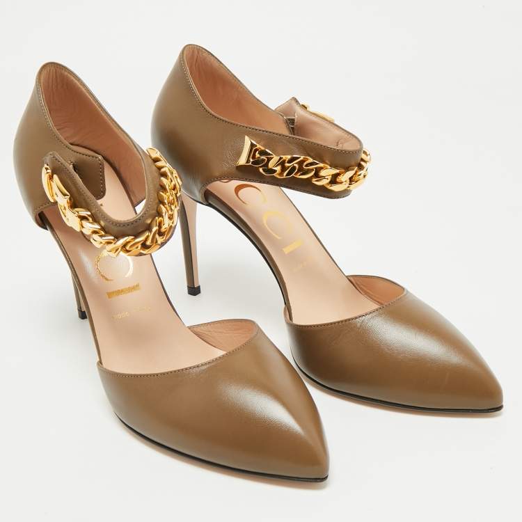 Pre Owned Gucci Olive Green Leather Sylvie Chain Pumps Size 40