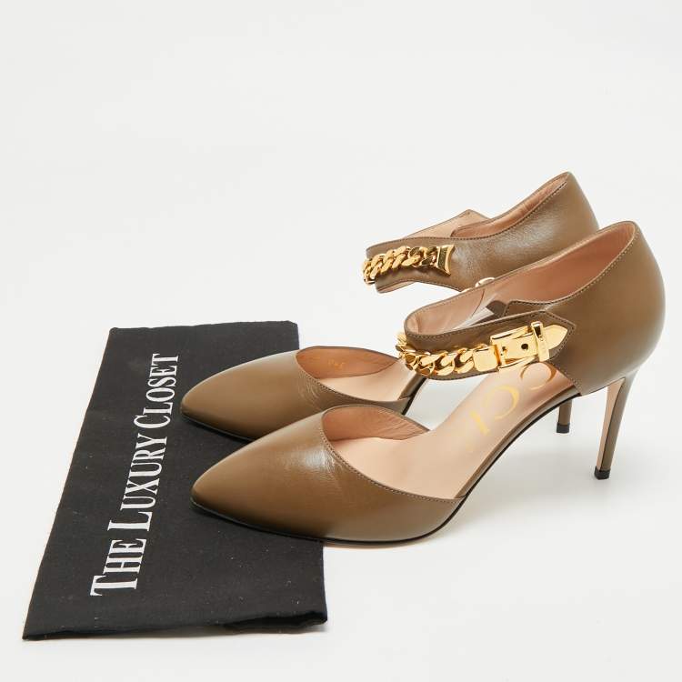 Pre Owned Gucci Olive Green Leather Sylvie Chain Pumps Size 40