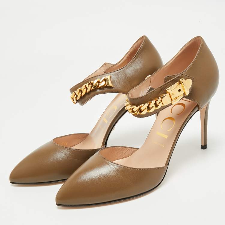 Pre Owned Gucci Olive Green Leather Sylvie Chain Pumps Size 40
