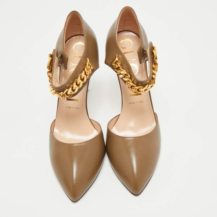 Pre Owned Gucci Olive Green Leather Sylvie Chain Pumps Size 40