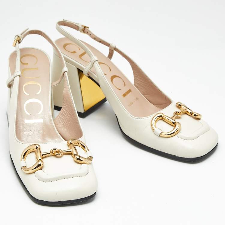 Pre Owned Gucci Cream Leather Horsebit Slingback Pumps Size 35