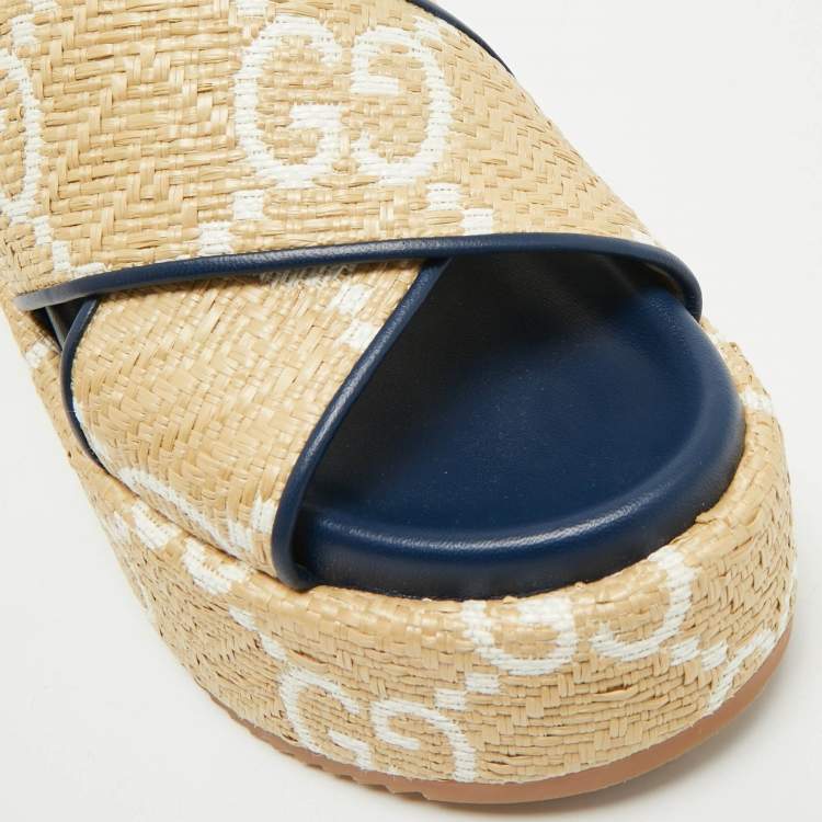 Pre Owned Gucci Beige/Blue GG Raffia and Leather Angelina Platform Sandals Size 39.5