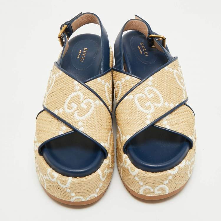 Pre Owned Gucci Beige/Blue GG Raffia and Leather Angelina Platform Sandals Size 39.5