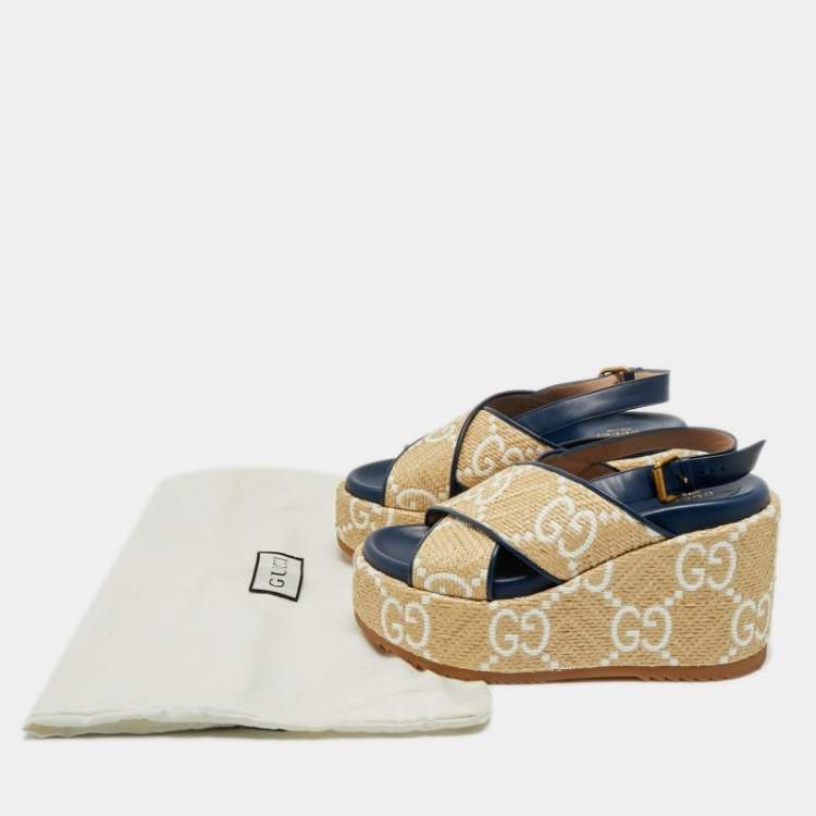 Pre Owned Gucci Beige/Blue GG Raffia and Leather Angelina Platform Sandals Size 39.5