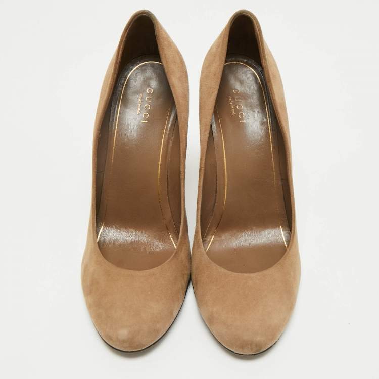 Pre Owned Gucci Brown Suede Jacqueline Studded Block Heel Pumps Size 39