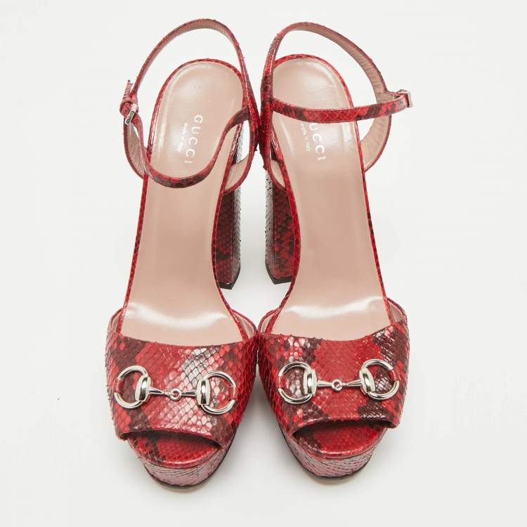 Pre Owned Gucci Red/Burgundy Python Leather Claudie Horsebit Platform Sandals Size 39