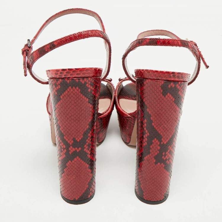 Pre Owned Gucci Red/Burgundy Python Leather Claudie Horsebit Platform Sandals Size 39