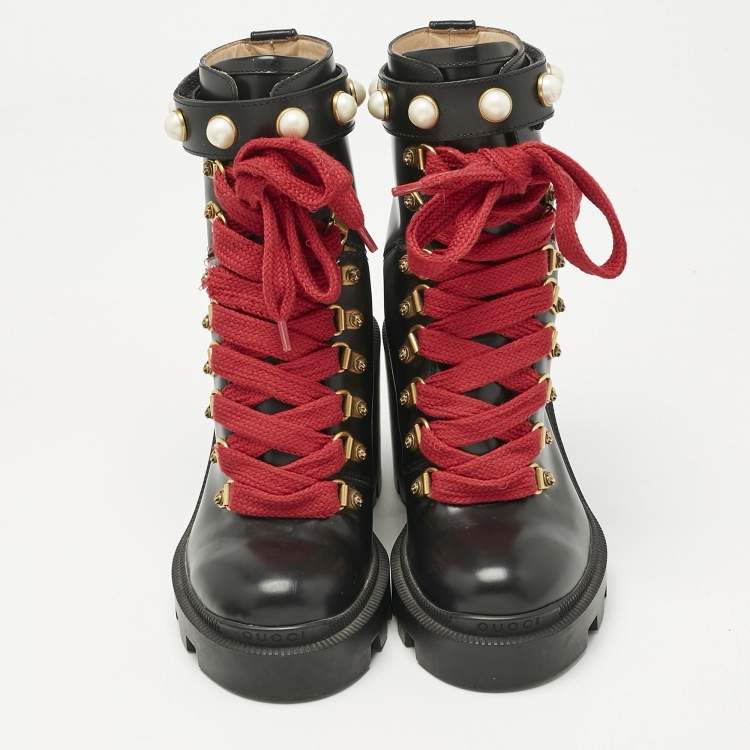 Pre Owned Gucci Black Leather Faux Pearl Embellished Trip Ankle Length Boots Size 35