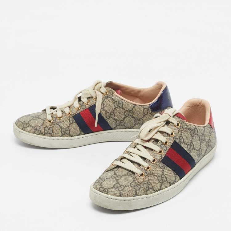 Pre Owned Gucci Red/Beige GG Canvas Ace Low Top Sneakers Size 36.5