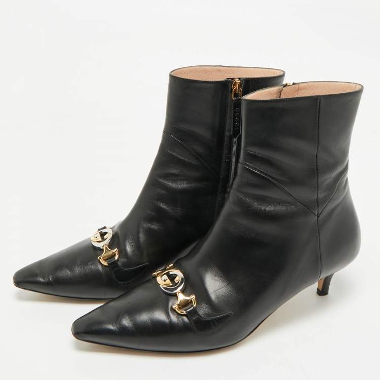 Pre Owned Gucci Black Leather Zumi Ankle Length Boots Size 40