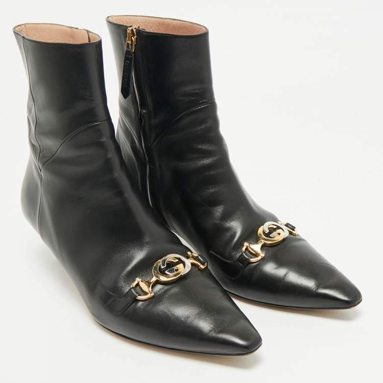 Pre Owned Gucci Black Leather Zumi Ankle Length Boots Size 40