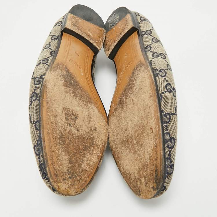 Pre Owned Gucci Beige/Blue GG Canvas and Leather Jordaan Horsebit Loafers Size 38