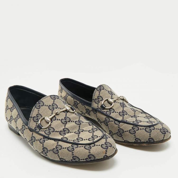 Pre Owned Gucci Beige/Blue GG Canvas and Leather Jordaan Horsebit Loafers Size 38