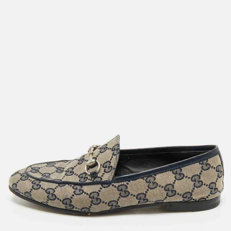 Pre Owned Gucci Beige/Blue GG Canvas and Leather Jordaan Horsebit Loafers Size 38