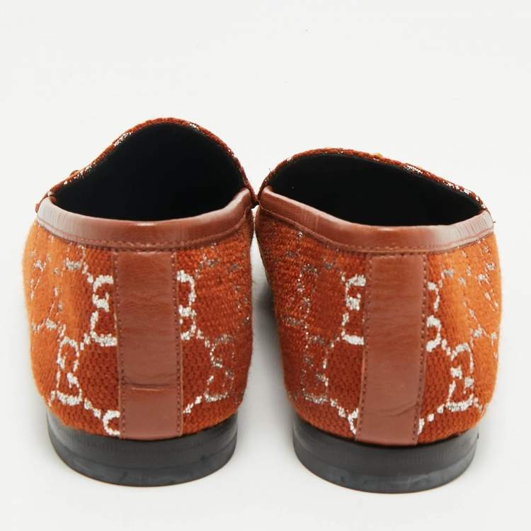 Pre Owned Gucci Brown/Silver GG Canvas and Leather Jordaan Horsebit Loafers Size 37.5
