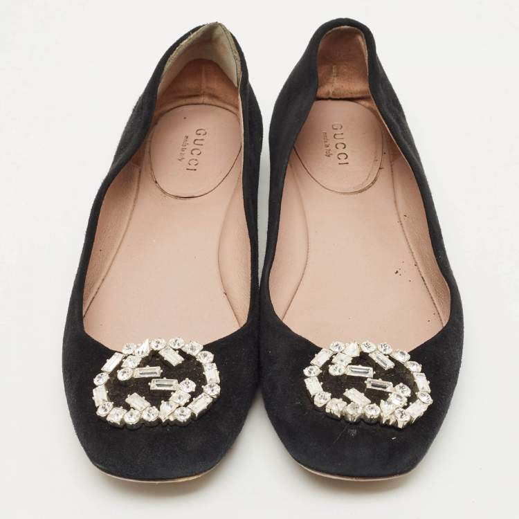 Pre Owned Gucci Black Suede Crystal Embellished Interlocking G Ballet Flats Size 37.5