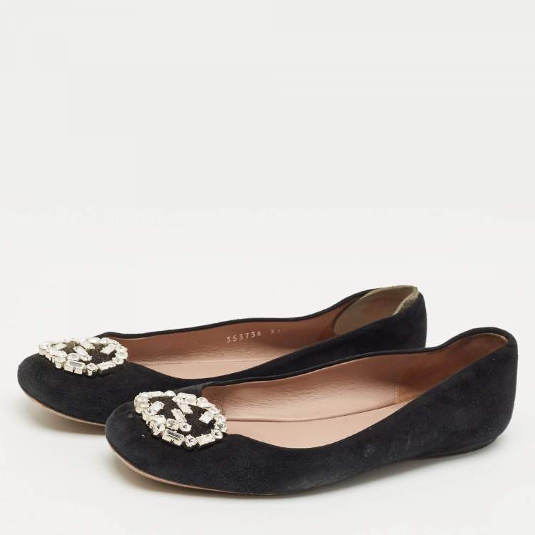 Pre Owned Gucci Black Suede Crystal Embellished Interlocking G Ballet Flats Size 37.5