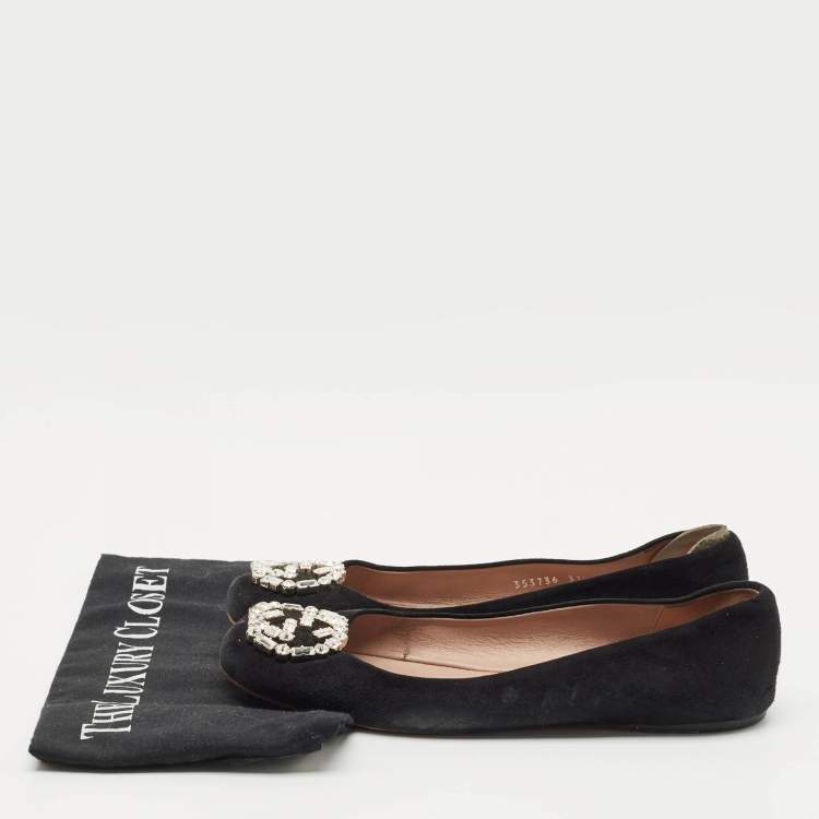 Pre Owned Gucci Black Suede Crystal Embellished Interlocking G Ballet Flats Size 37.5