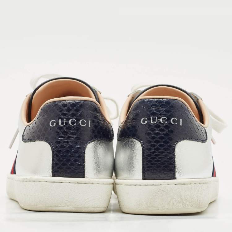 Pre Owned Gucci Silver Leather Web Detail Ace Low Top Sneakers Size 37