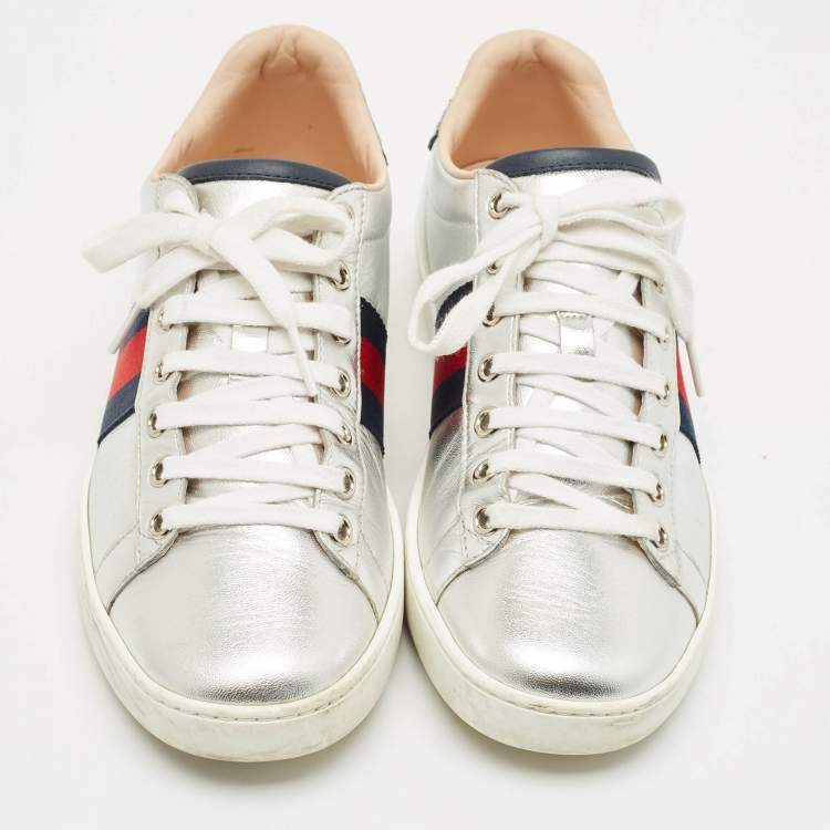 Pre Owned Gucci Silver Leather Web Detail Ace Low Top Sneakers Size 37