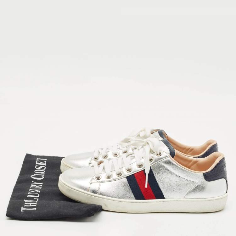Pre Owned Gucci Silver Leather Web Detail Ace Low Top Sneakers Size 37