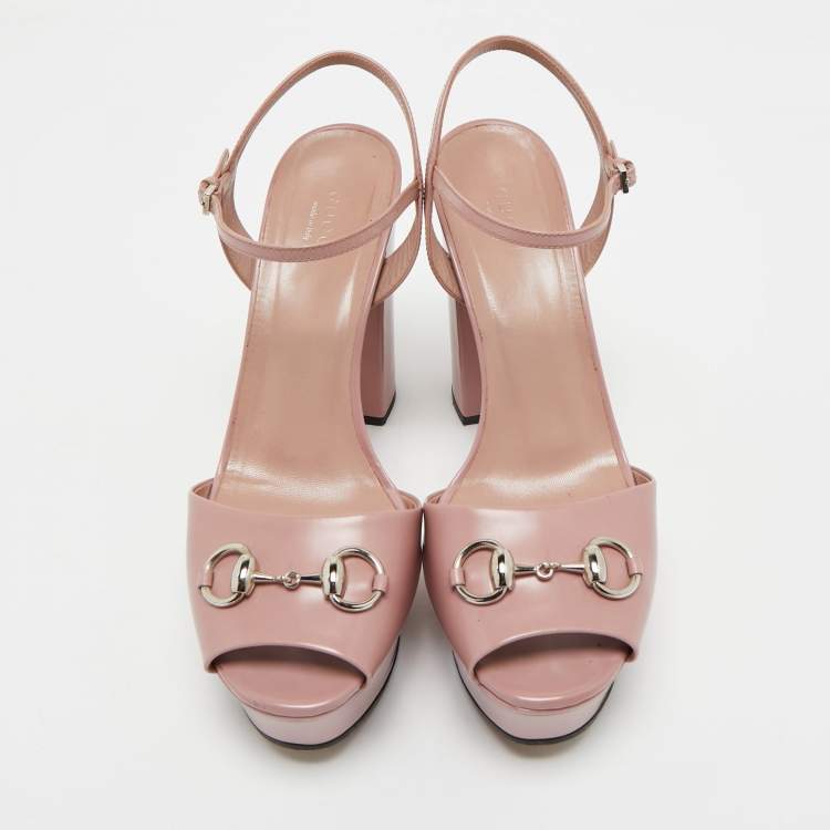 Pre Owned Gucci Pink Leather Horsebit Ankle Strap Platform Sandals Size 39