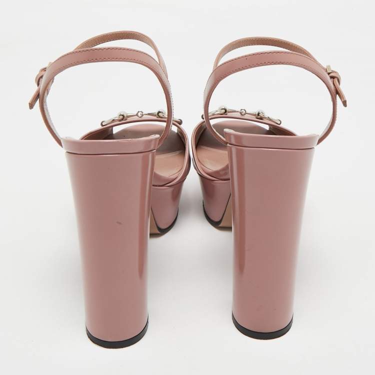 Pre Owned Gucci Pink Leather Horsebit Ankle Strap Platform Sandals Size 39