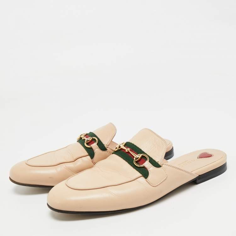 Pre Owned Gucci Beige Leather Princetown Horsebit Flat Mules Size 38